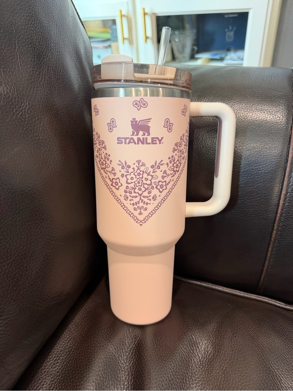 Stanley Pink Travel Tumbler with Purple Floral Pattern and Handle